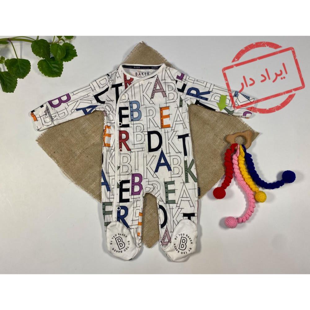 ایراد دار _ سرهمی نوزادی آستین بلند برند LCW baby طرح طرح حروف انگلیسی جورابی جلو دکمه ای سفید رنگ  - 2 تا 6 ماه