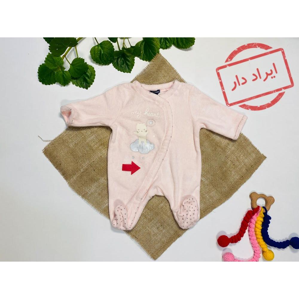ایراد دار _ سرهمی نوزادی دخترانه آستین بلند برند kiabi طرح ابر و خرس جورابی جلو دکمه ای صورتی رنگ  - 0 تا 1 ماه