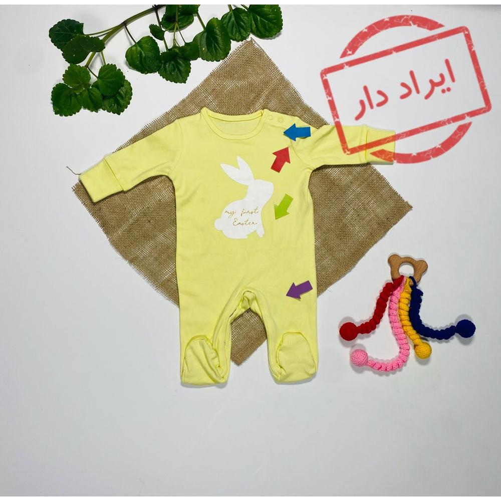ایراد دار _ سرهمی نوزادی دخترانه آستین بلند طرح خرگوش جورابی جلو بسته زرد رنگ  - 0 تا 3 ماه