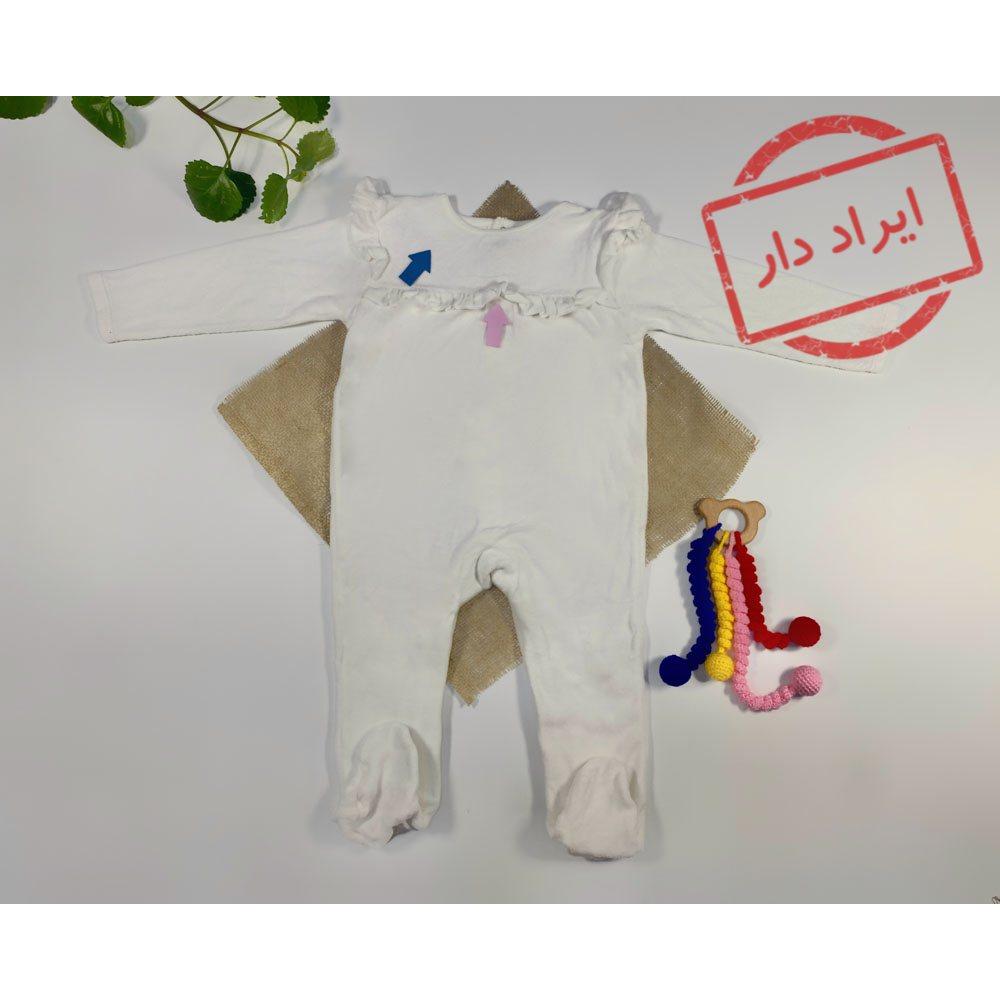 ایراد دار _ سرهمی نوزادی دخترانه آستین بلند برند cool club طرح ساده جورابی جلو بسته سفید رنگ  - 12 ماه