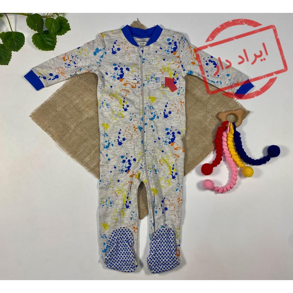 ایراد دار _ سرهمی نوزادی پسرانه آستین بلند برند george طرح آبرنگی جورابی جلو زیپی طوسی رنگ  - 6 تا 12 ماه
