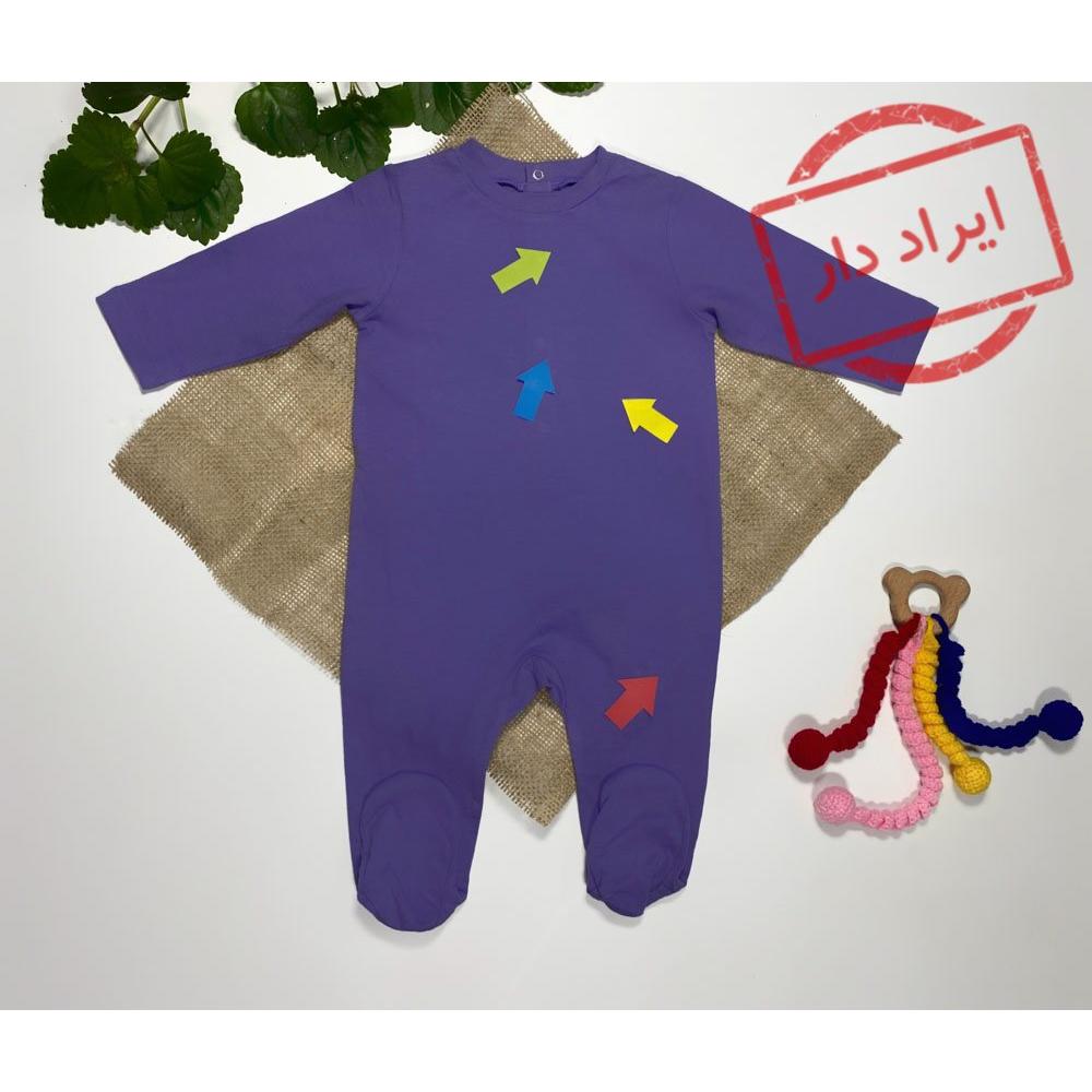 ایراد دار _ سرهمی نوزادی دخترانه آستین بلند طرح ساده جورابی پشت دکمه ای بنفش رنگ  - 3 تا 6 ماه