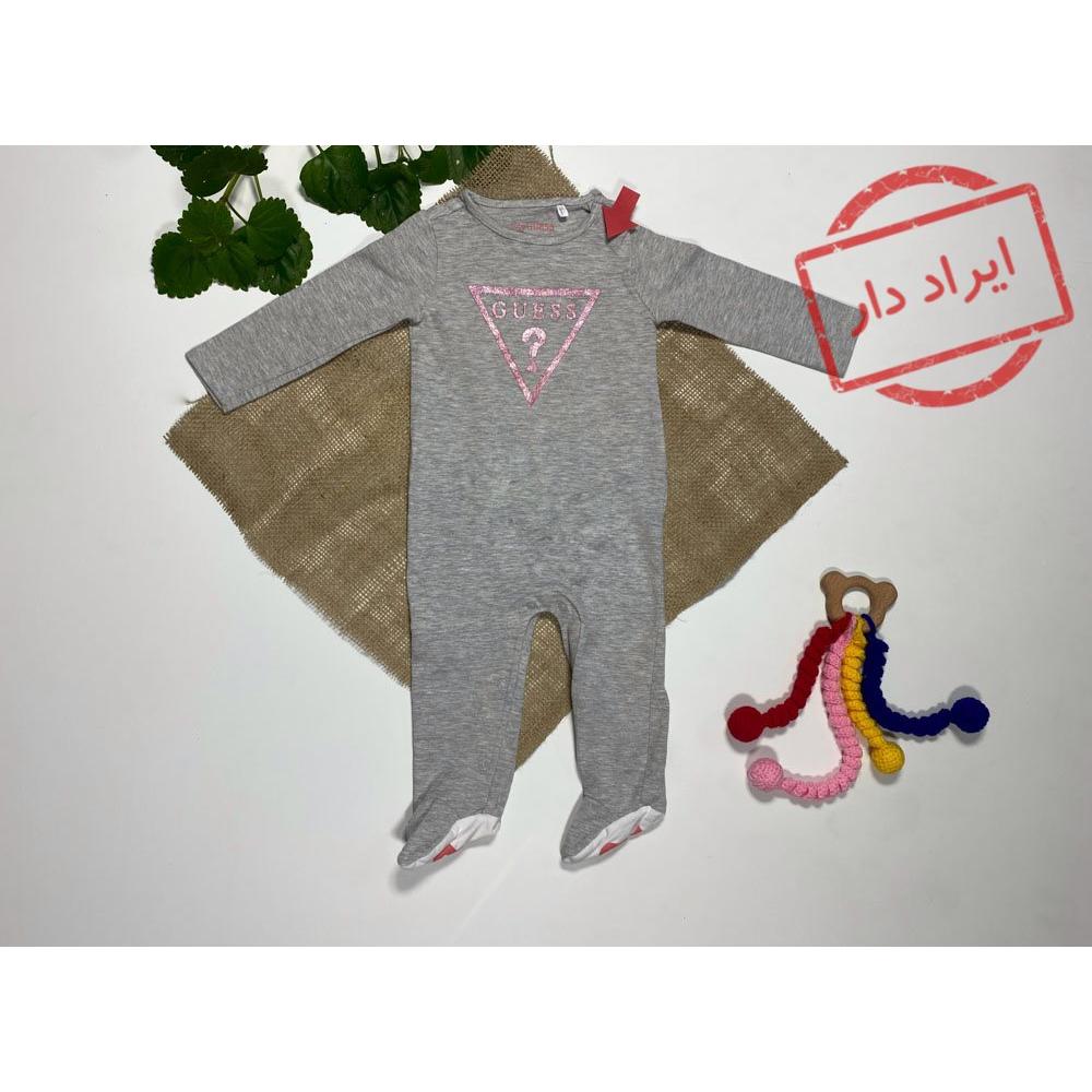 ایراد دار _ سرهمی نوزادی دخترانه آستین بلند طرح جلو طرح مثلث اکلیلی دارد جلو بسته یقه دکمه ای طوسی رنگ  - 3 تا 6 ماه