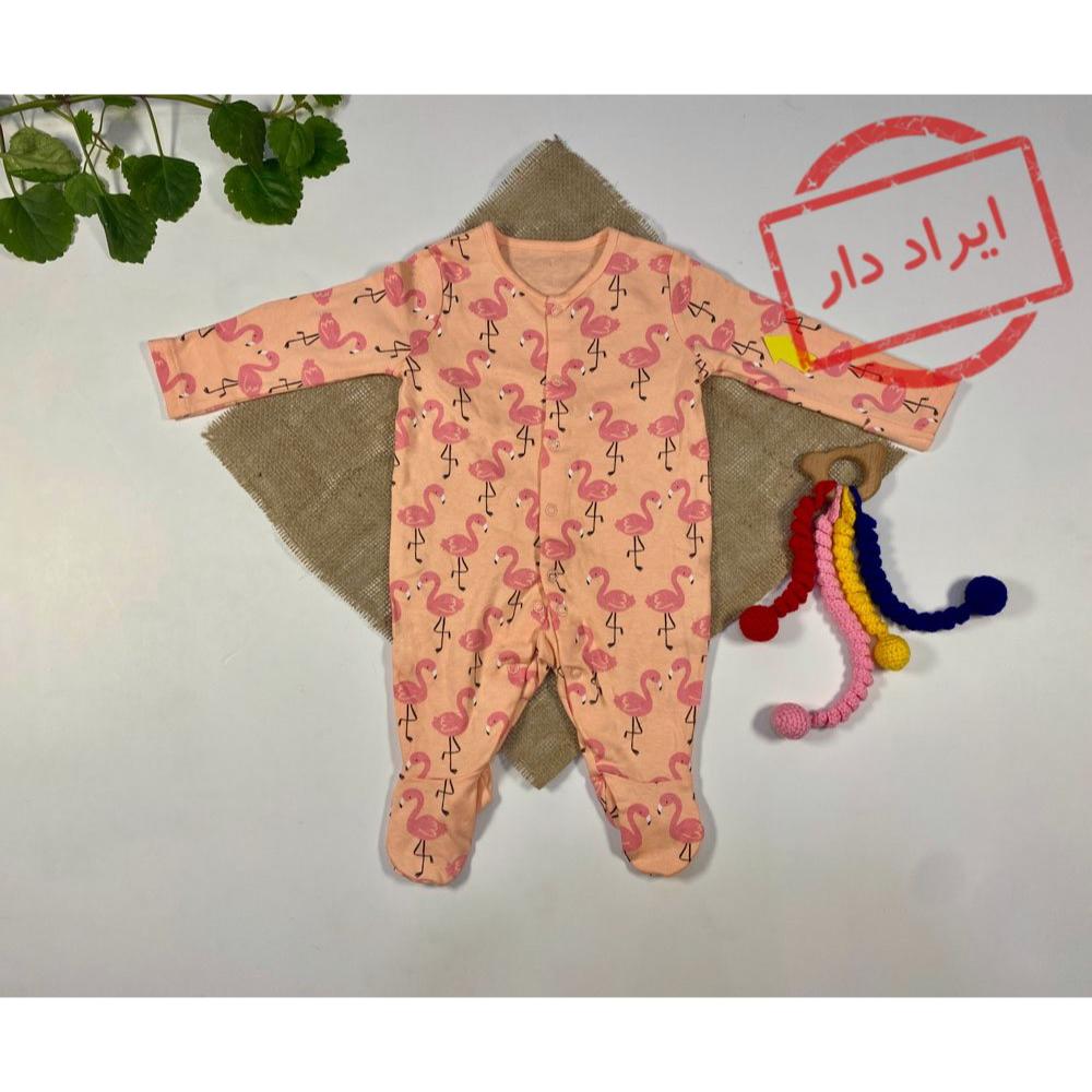 ایراد دار _ سرهمی نوزادی دخترانه آستین بلند طرح فلامینگو جلو دکمه ای جورابی گلبهی رنگ  - 0 تا 3 ماه