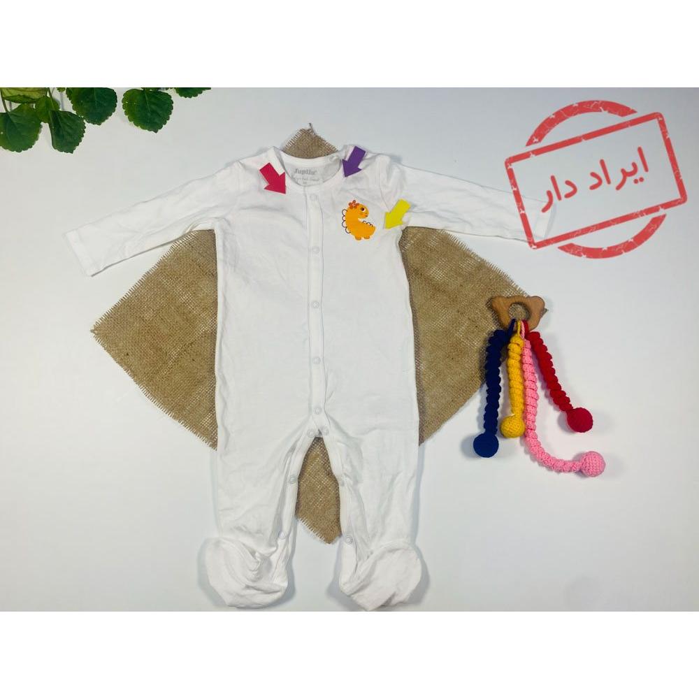 ایراد دار _ سرهمی نوزادی دخترانه آستین بلند برند لوپیلو طرح دایناسور نارنجی جورابی جلو دکمه ای سفید رنگ  - 2 تا 6 ماه