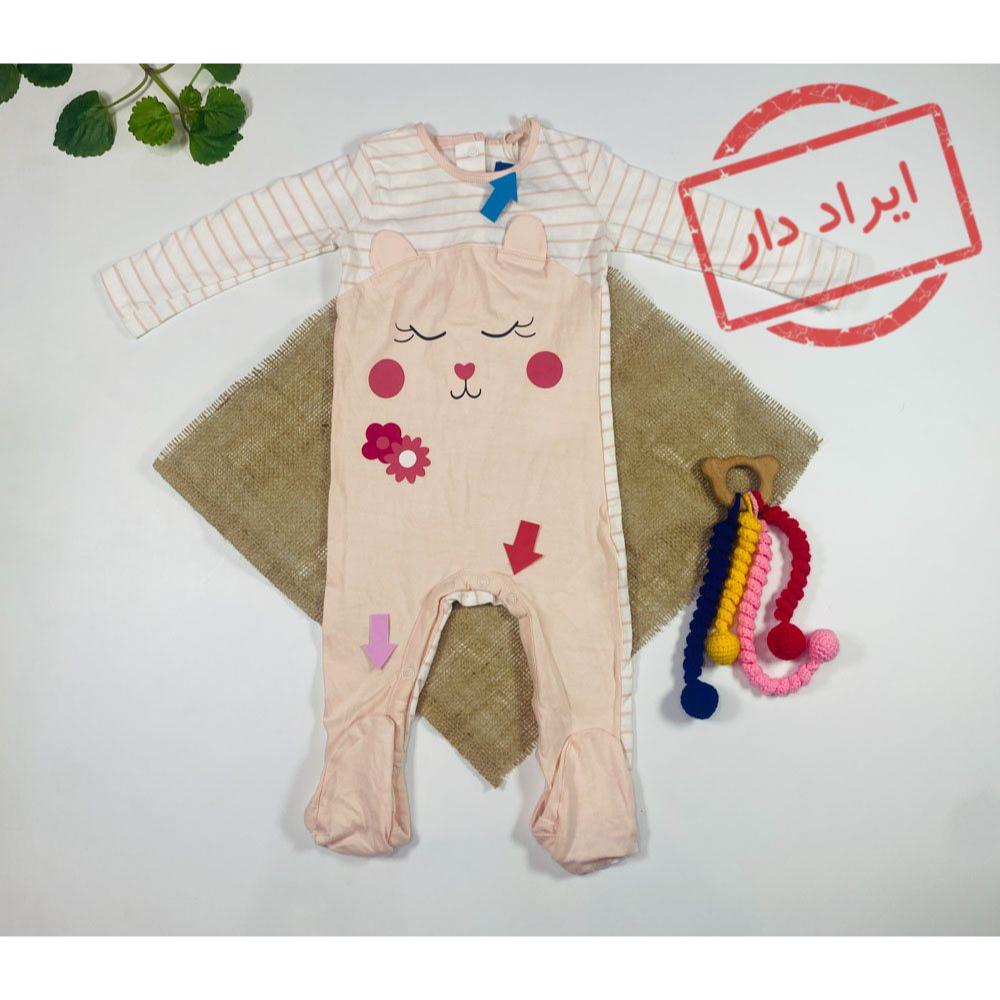 ایراد دار _ سرهمی نوزادی دخترانه آستین بلند برند لوپیلو طرح خرگوش جورابی جلو بسته پست دکمه ای گلبهی رنگ