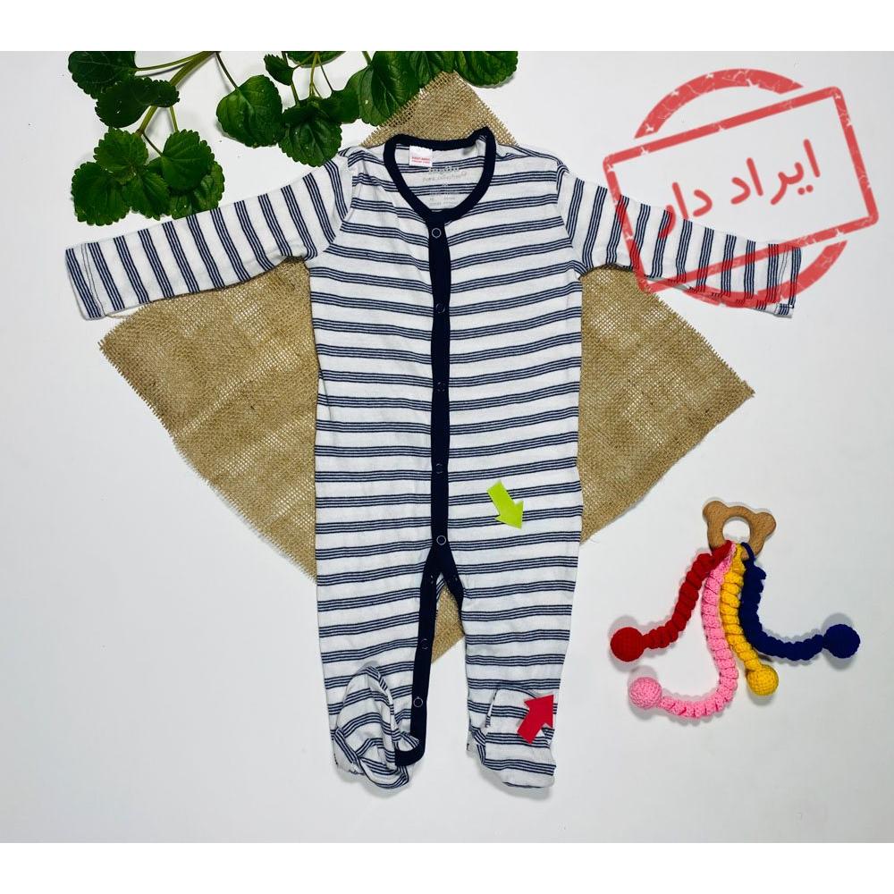ایراد دار _ سرهمی نوزادی پسرانه آستین بلند برند لوپیلو طرح راه راه جورابی جلو دکمه ای سفید رنگ  - 2 تا 6 ماه