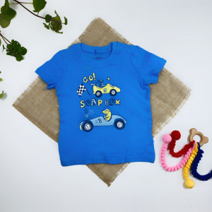 تیشرت نوزادی پسرانه آستین کوتاه برند لوپیلو طرح یقه گرددکمه دار ماشین نیلی آبی رنگ - 12 تا 24 ماه