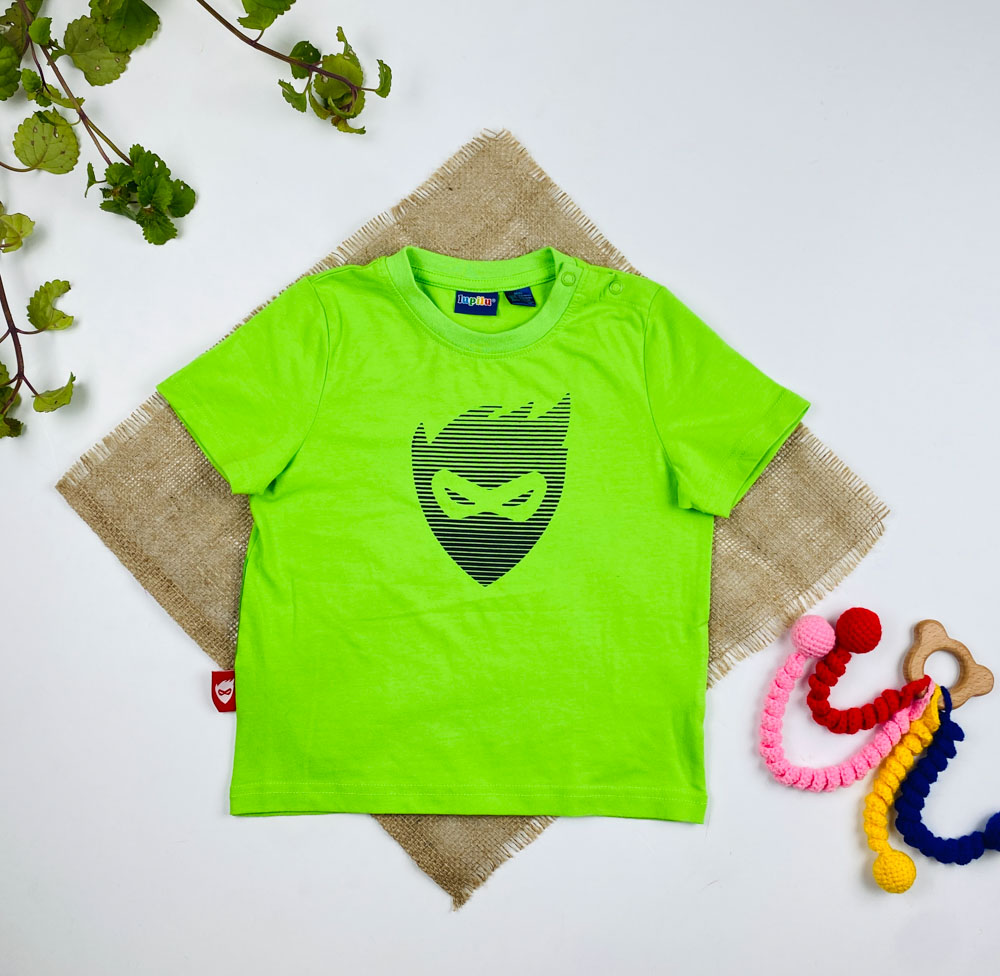 تیشرت نوزادی آستین کوتاه برند لوپیلو طرح یقه گرد دکمه دار صورت عینک دار سبز روشن رنگ - 12 تا 24 ماه