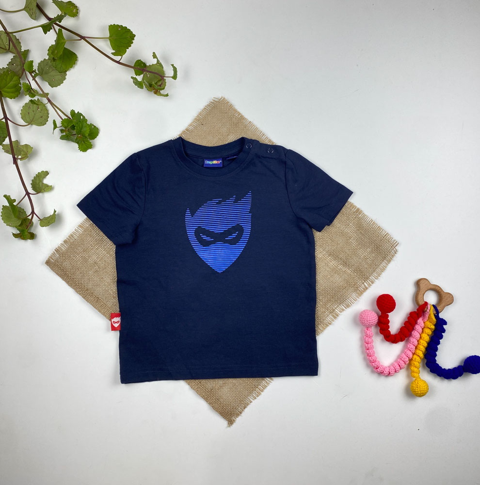 تیشرت نوزادی آستین کوتاه برند لوپیلو طرح یقه گرد دکمه دار صورت عینک دار سرمه ای رنگ - 12 تا 24 ماه