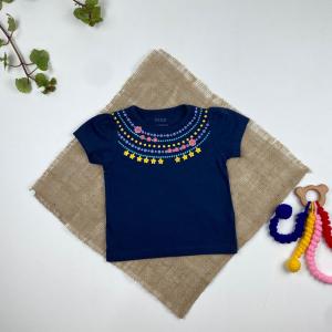 تیشرت نوزادی دخترانه آستین کوتاه برند لوپیلو طرح یقه گرد حالت طرح گردنبندی سرمه ای رنگ - 6 تا 9 ماه