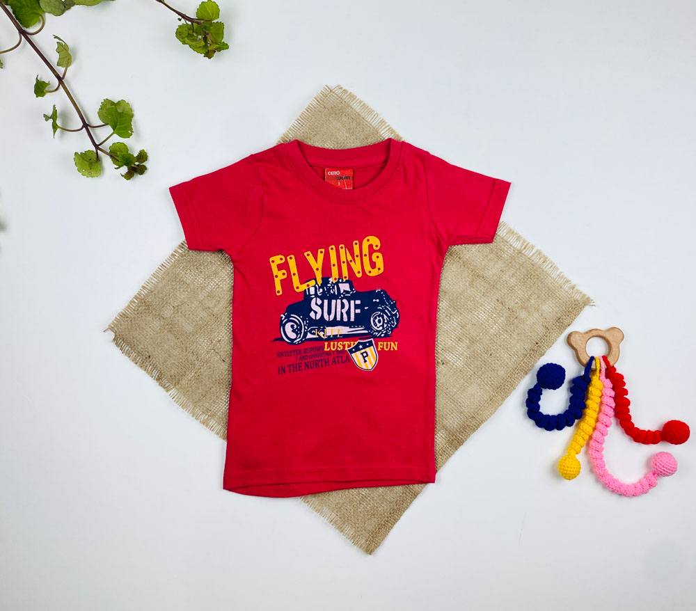 تیشرت نوزادی آستین کوتاه طرح یقه گرد ماشین سرخآبی رنگ - 12 ماه