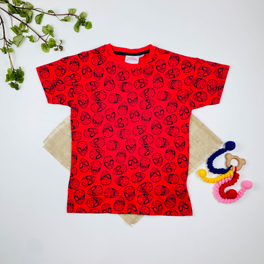 تیشرت پسرانه آستین کوتاه طرح کله های اسپایدر من یقه گرد قرمز رنگ - 8 تا 10 سال