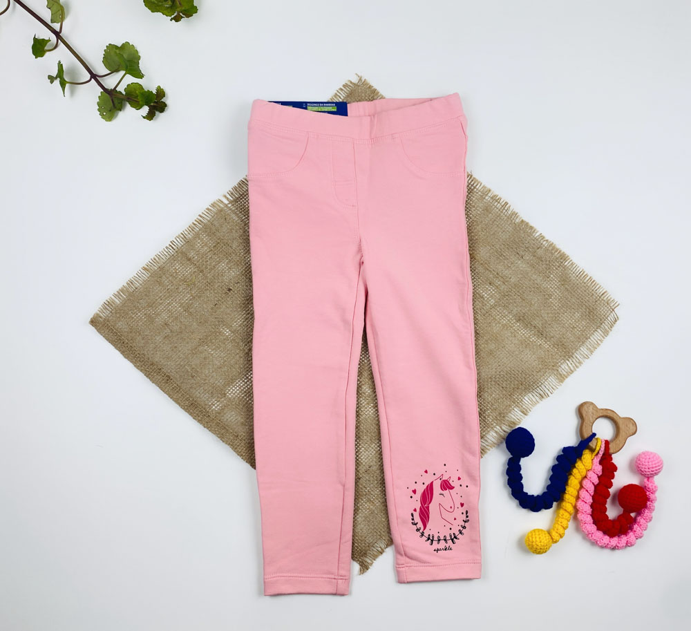 شلوار دخترانه ساده برند لوپیلو طرح یونیکورن کمرکش صورتی رنگ