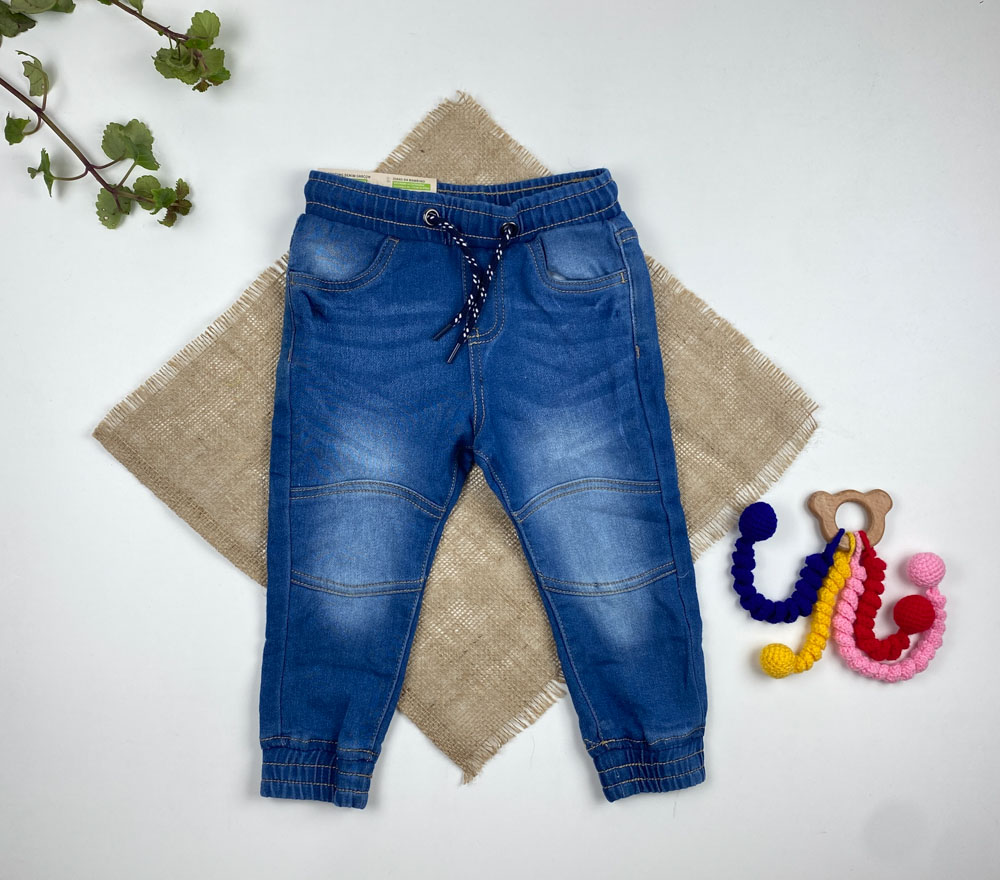 شلوار جین مچ دار برند لوپیلو طرح کمرکش جیب دار آبی لی رنگ - 18 تا 24 ماه