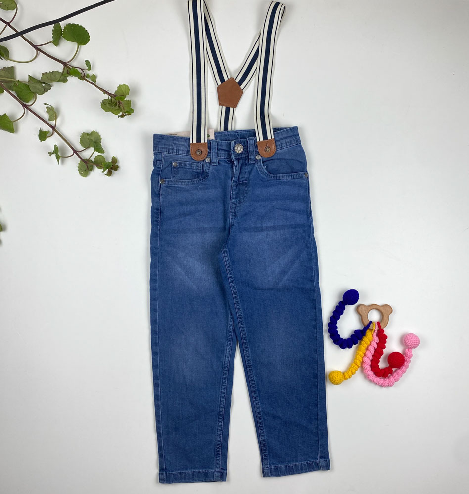 شلوار جین بندی برند Pepperts طرح کمر دکمه ای پیشبندی جیب دار آبی سرمه ای رنگ - 5 تا 6 سال