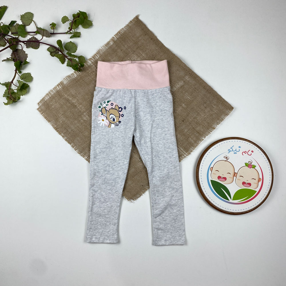 شلوار نوزادی دخترانه ساده طرح جلو آهو کمرکش پهن طوسی روشن رنگ - 12 تا 24 ماه