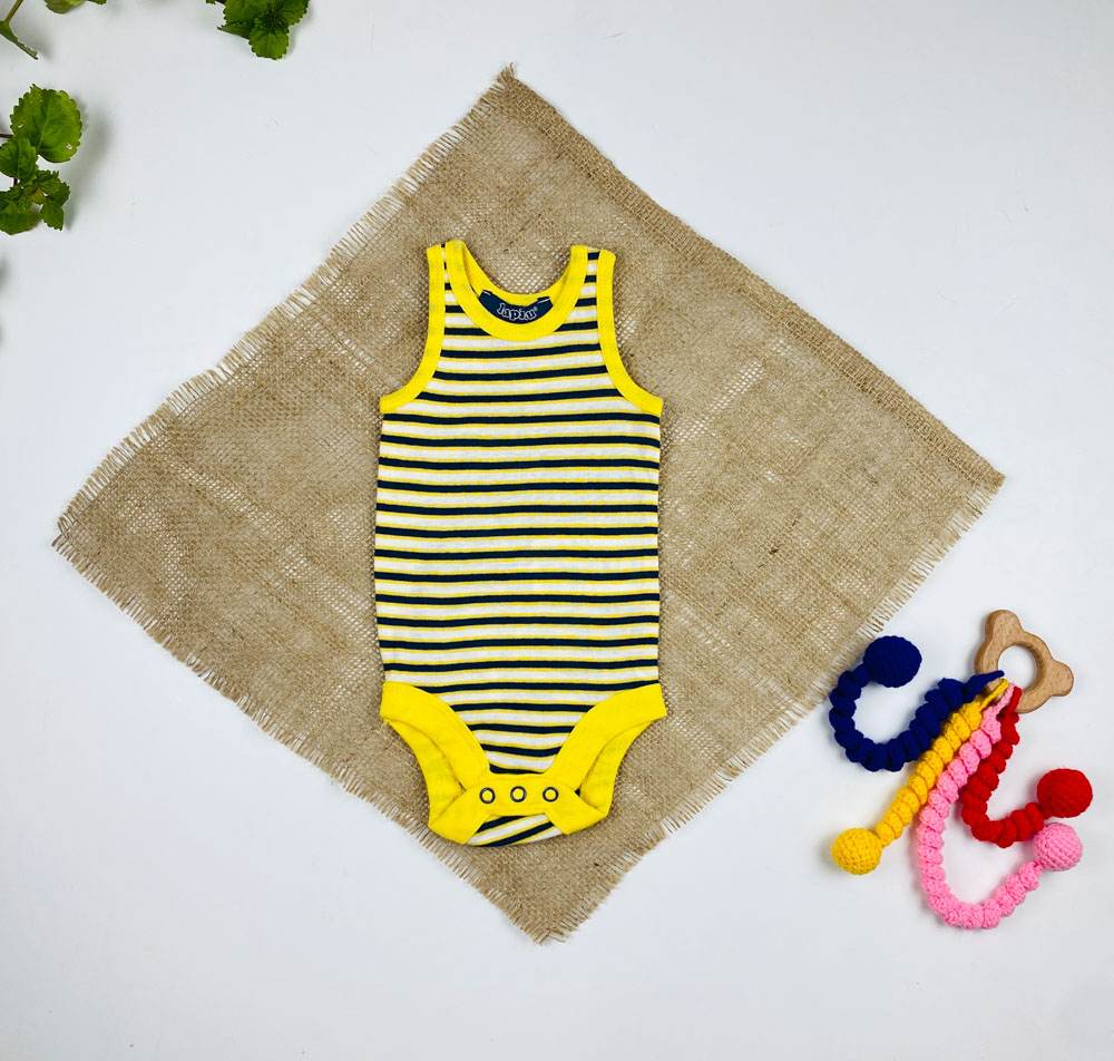 بادی نوزادی آستین تاپ برند لوپیلو طرح راه راه حلقه ای زرد رنگ