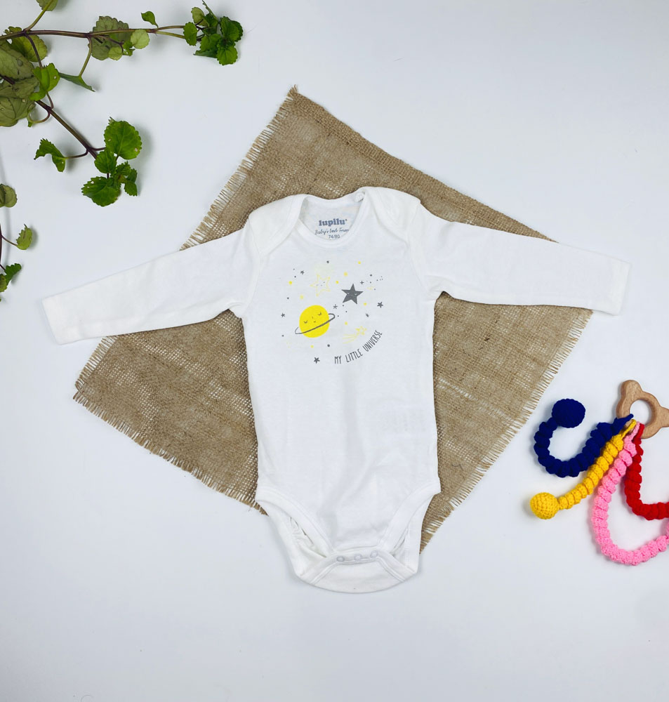 بادی نوزادی آستین بلند برند لوپیلو طرح ماه و ستاره یقه گرد سفید رنگ - 6 تا 12 ماه