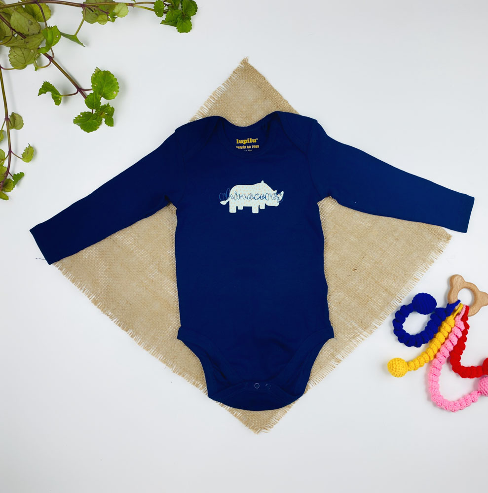 بادی نوزادی پسرانه آستین بلند برند لوپیلو طرح فیل یقه گرد سرمه ای رنگ