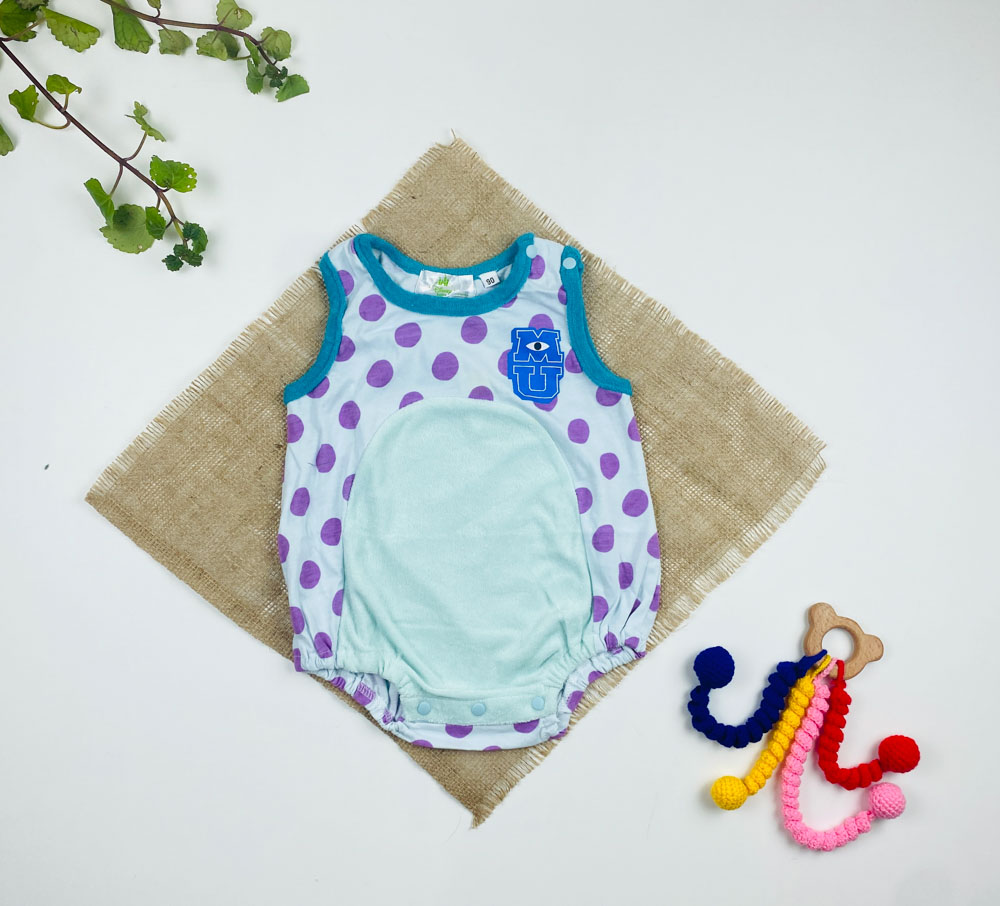 بادی نوزادی آستین تاپ طرح توپ توپی بنفش یقه گرد آبی آسمانی رنگ