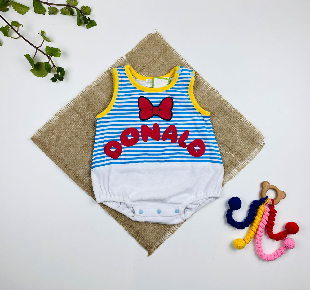 بادی نوزادی آستین تاپ برند Disnep طرح پاپیون راه راه یقه گرد آبی رنگ