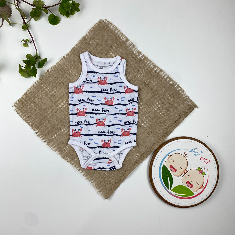 بادی نوزادی آستین تاب طرح خرچنگ ها یقه گرد تک دکمه ای آبی کمرنگ