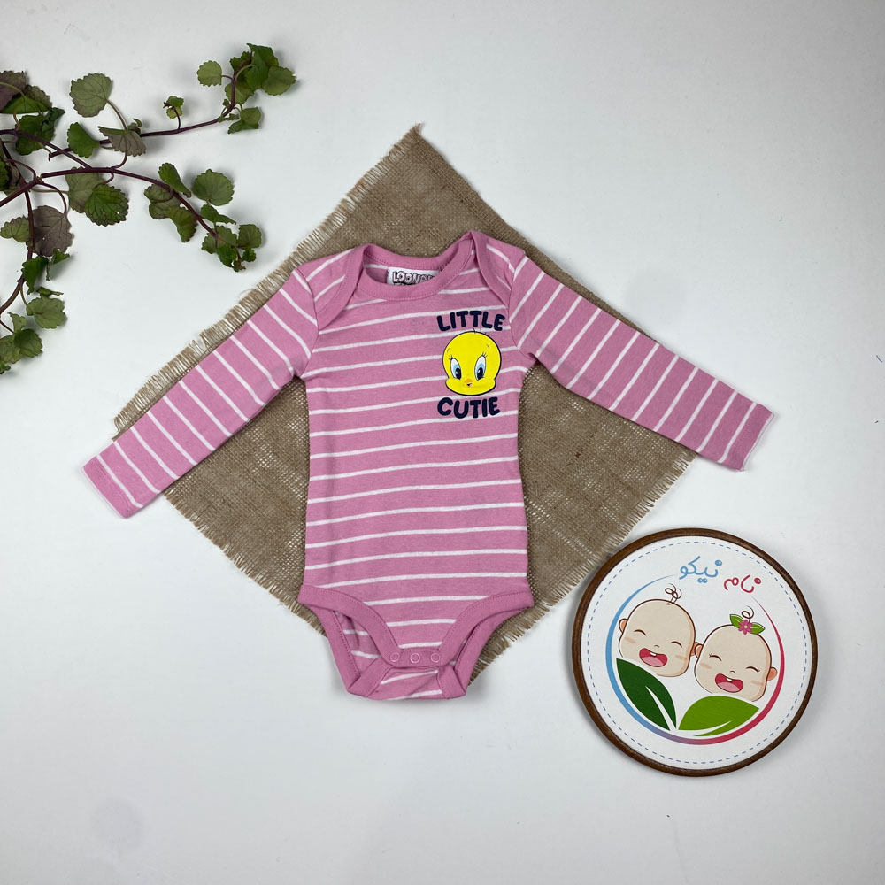 بادی نوزادی دخترانه آستین بلند طرح جوجه یقه گرد راه راه صورتی رنگ