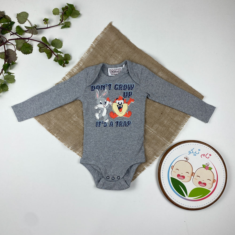 بادی نوزادی آستین بلند طرح خرگوش یقه گرد بدون دکمه طوسی رنگ - 6 تا 12 ماه