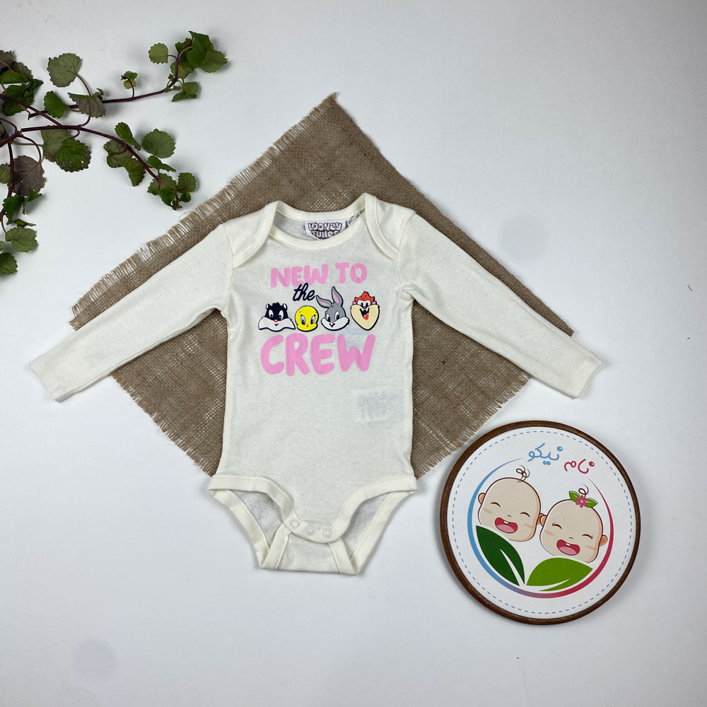 بادی نوزادی آستین بلند طرح حیوانات یقه گرد بدون دکمه شیری رنگ - 12 تا 24 ماه