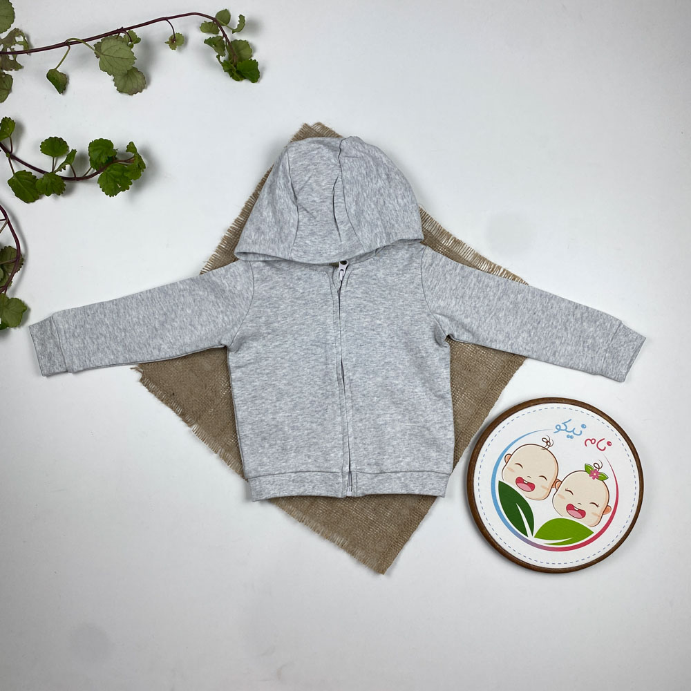 سویشرت نوزادی آستین بلند برند لوپیلو طرح ساده جلو زیپی کلاه دار طوسی روشن رنگ - 6 تا 12 ماه