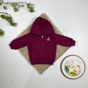 سویشرت آستین بلند طرح ایفل کلاه دار زیپی جگری رنگ - 2 تا 6 ماه