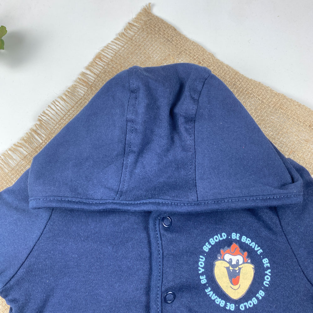 سویشرت نوزادی آستین بلند طرح خرس خندان کلاه دار دکمه ای سرمه ای رنگ - 2 تا 6 ماه