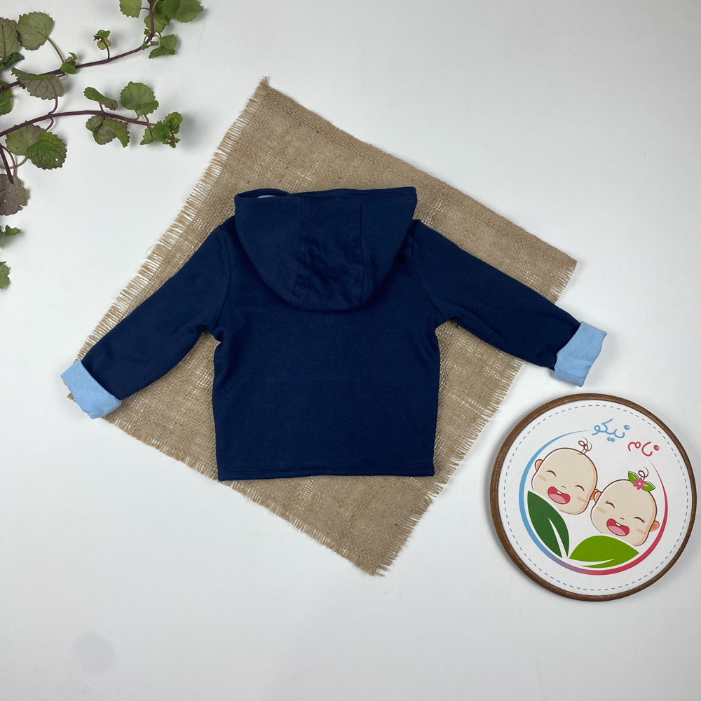 سویشرت نوزادی آستین بلند طرح خرس خندان کلاه دار دکمه ای سرمه ای رنگ - 2 تا 6 ماه