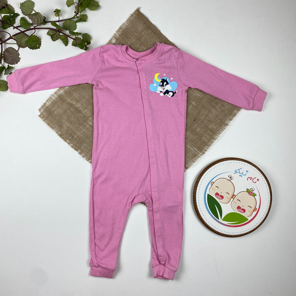 سرهمی نوزادی دخترانه آستین بلند طرح ماه و خرگوش بدون جوراب جلو دکمه ای صورتی رنگ - 6 تا 12 ماه