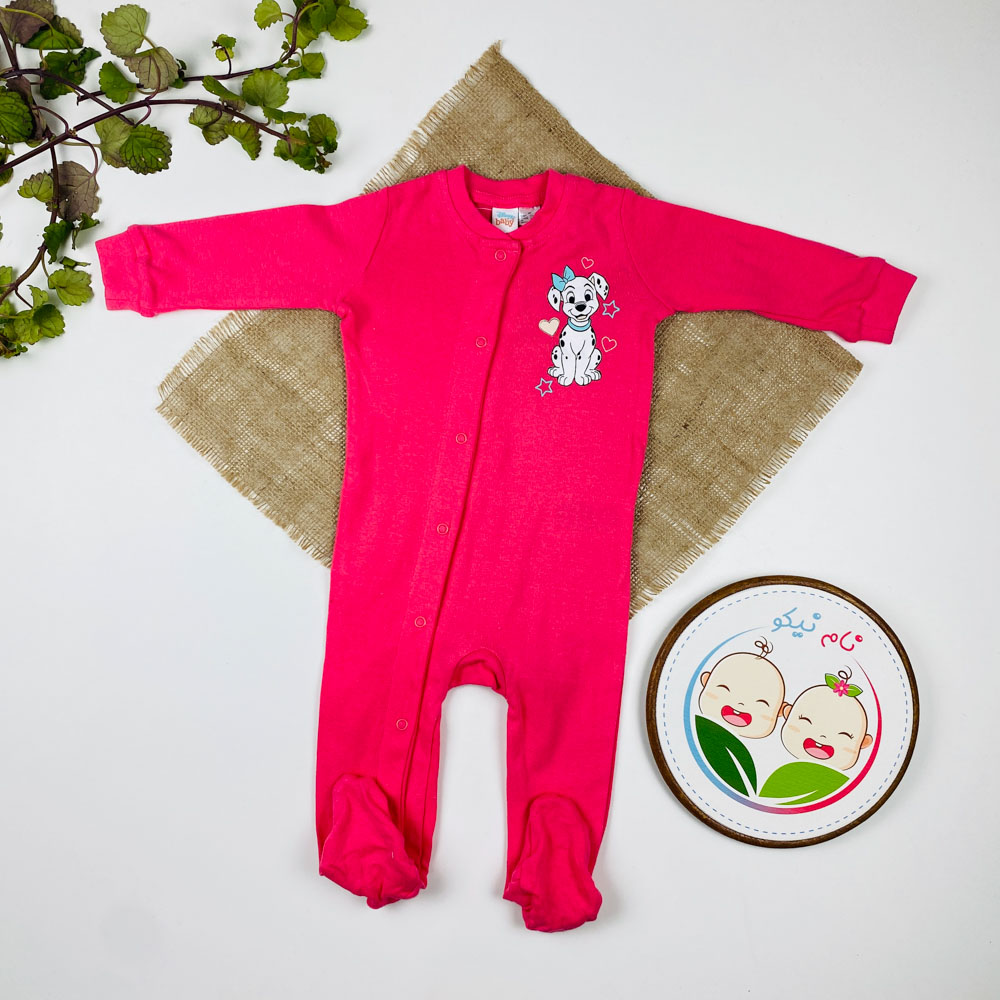 سرهمی نوزادی دخترانه آستین بلند طرح هاپو یقه گرد جلو دکمه ای جورابی صورتی پررنگ - 4 تا 6 ماه