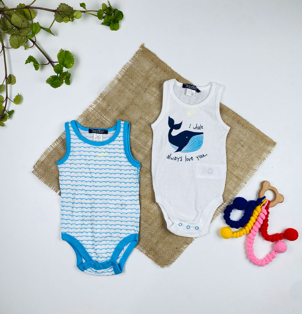 ست دو عددی بادی نوزادی آستین تاپ برند لوپیلو طرح کوسه دریایی یقه گرد سفید رنگ