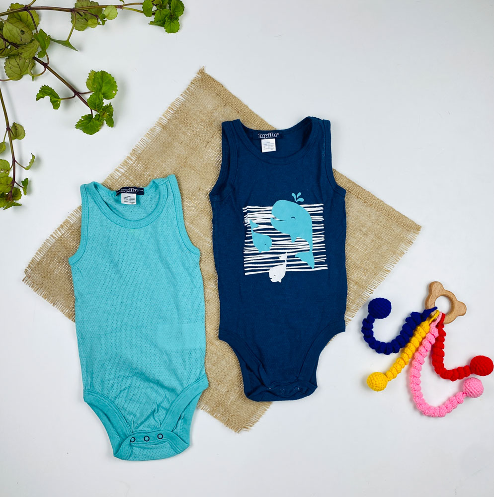 ست دو عددی بادی نوزادی آستین تاپ برند لوپیلو طرح ماهی بادی حلقه ای سرمه ای رنگ