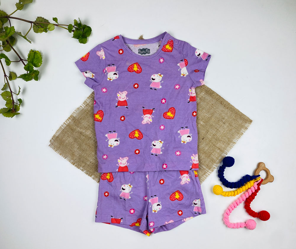 ست دو عددی نوزادی دخترانه آستین کوتاه برند لوپیلو طرح قلب و کارتونی یقه گرد دو دکمه ای یاسی رنگ - 12 تا 24 ماه