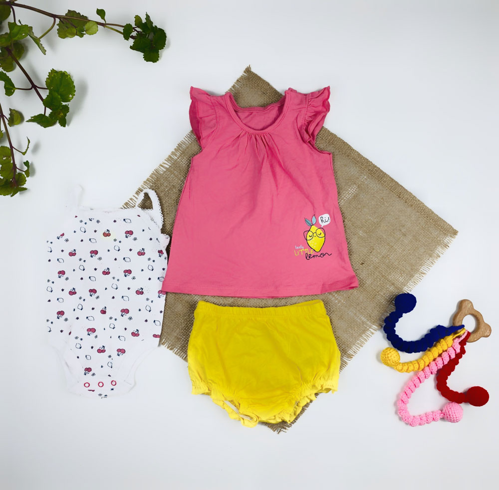 ست سه عددی نوزادی دخترانه آستین تاپ برند لوپیلو طرح لیمو وگیلاس تاپ حلقه ای و بندی صورتی رنگ - 2 تا 6 ماه