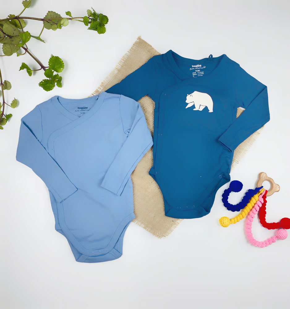 ست دو عددی بادی نوزادی آستین بلند برند لوپیلو طرح خرس چپ و راستی آبی نیلی رنگ - 6 تا 12 ماه