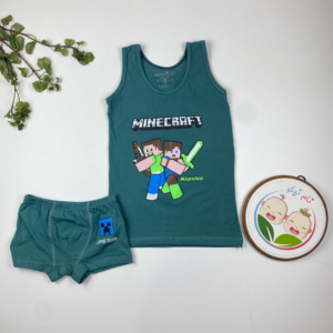 ست تاپ و شورت پسرانه آستین تاب طرح ماینکرفت سبز یشمی رنگ - 8 تا 9 سال