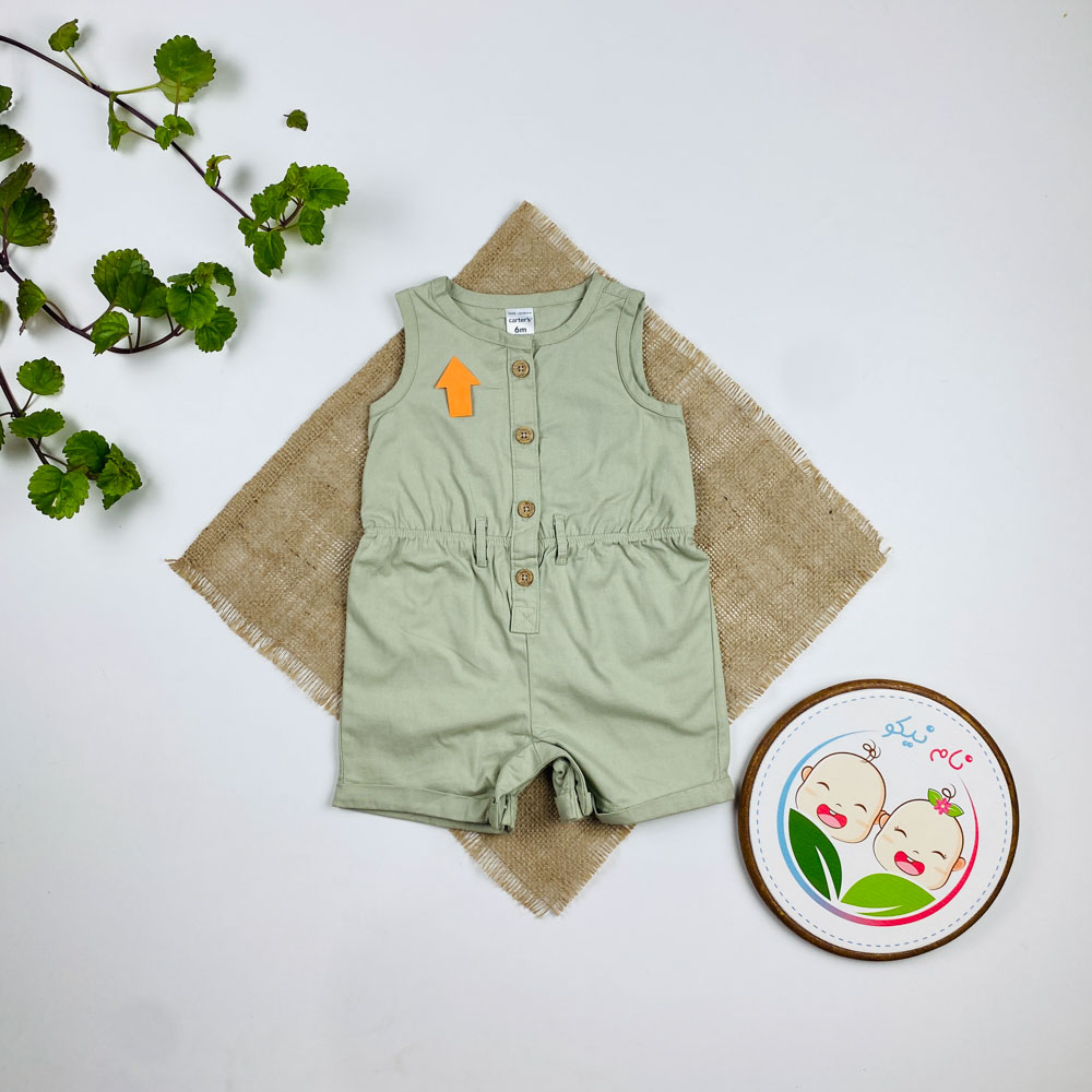 بیلر کتان نوزادی دخترانه برند کارترز طرح کمرکش دار چهار دکمه سبز رنگ