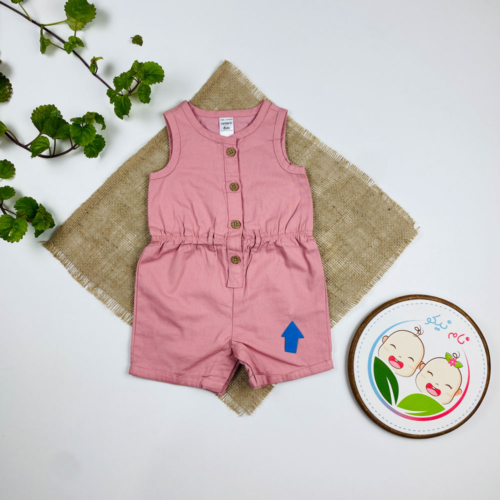 بیلر کتان نوزادی دخترانه برند کارترز طرح کمرکش دار چهار دکمه صورتی رنگ