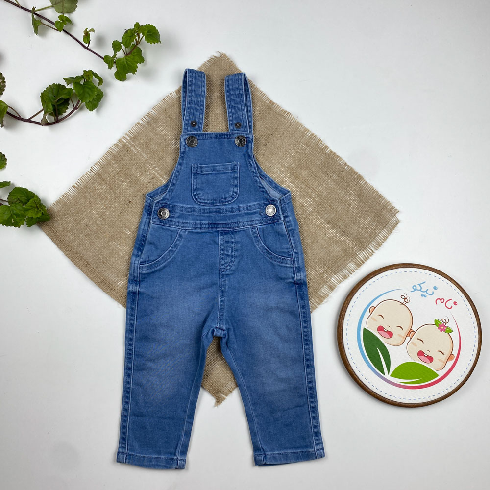 بیلر جین نوزادی برند لوپیلو طرح بندی جلو جیب دار آبی روشن رنگ - 6 تا 9 ماه