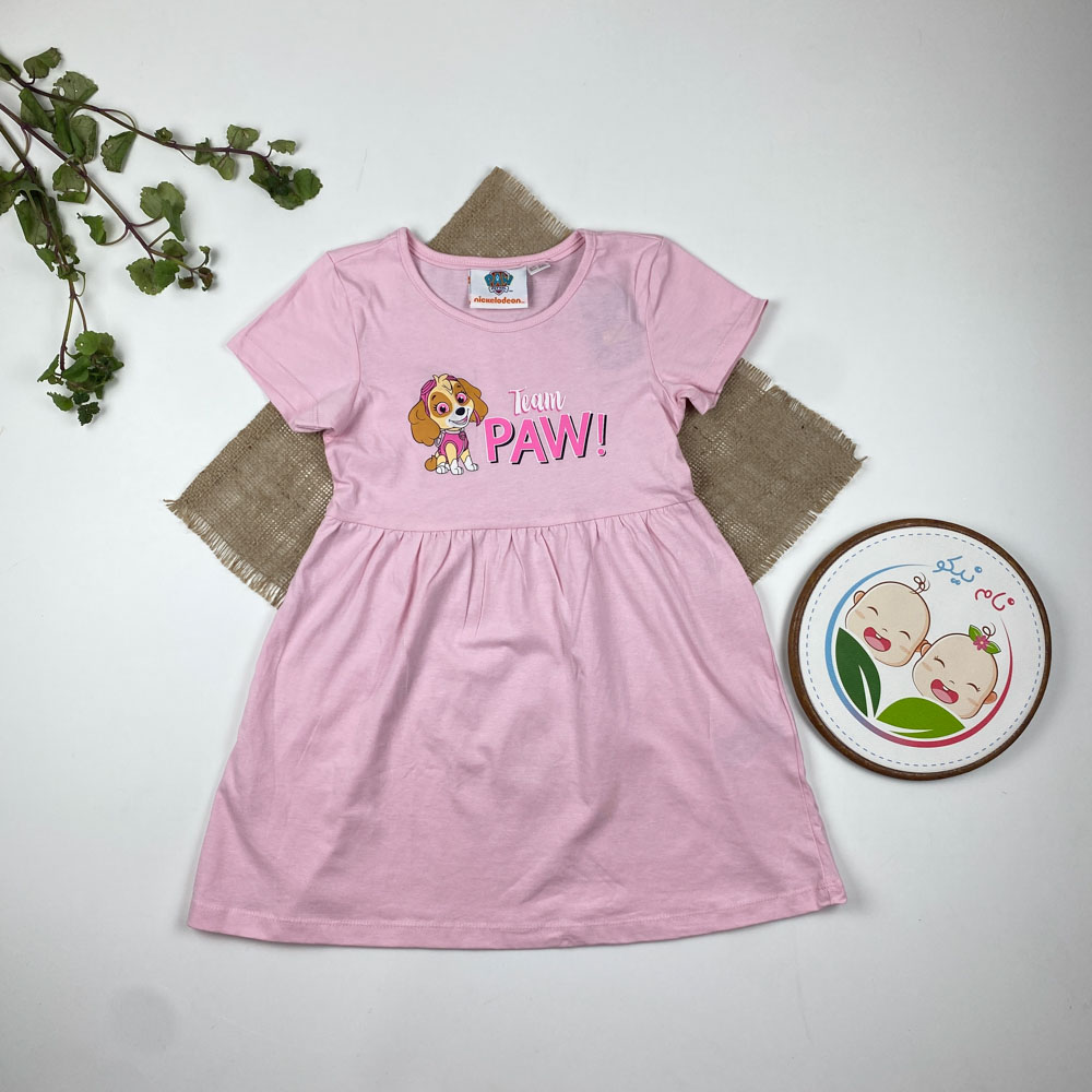 پیراهن دخترانه آستین کوتاه طرح هاپو یقه گرد دامنی صورتی کمرنگ - 4 تا 6 سال