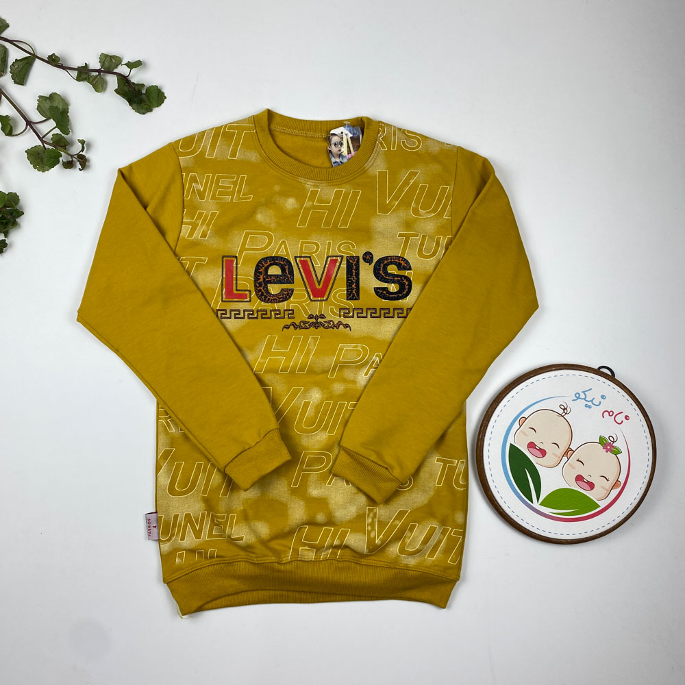 بلوز پسرانه آستین بلند طرح متن لاتین یقه گرد خردلی رنگ - 8 تا 10 سال