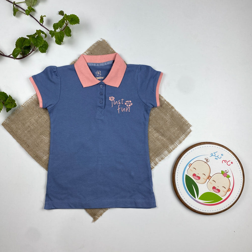 پولوشرت ( تیشرت یقه دار ) آستین کوتاه برند لوپیلو طرح گلدوزی شده دو دکمه آبی رنگ