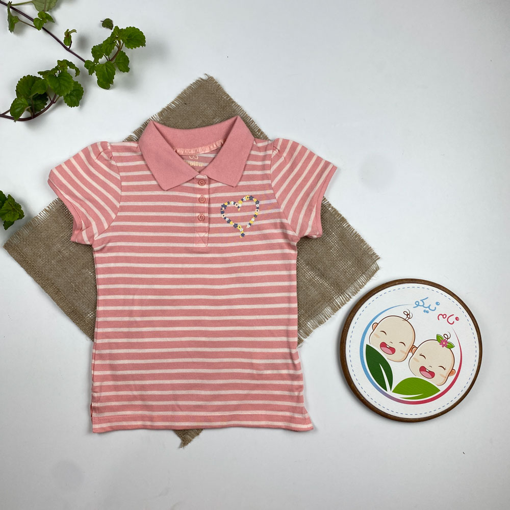 پولوشرت ( تیشرت یقه دار ) آستین کوتاه برند لوپیلو طرح گل راه راه دو دکمه صورتی رنگ