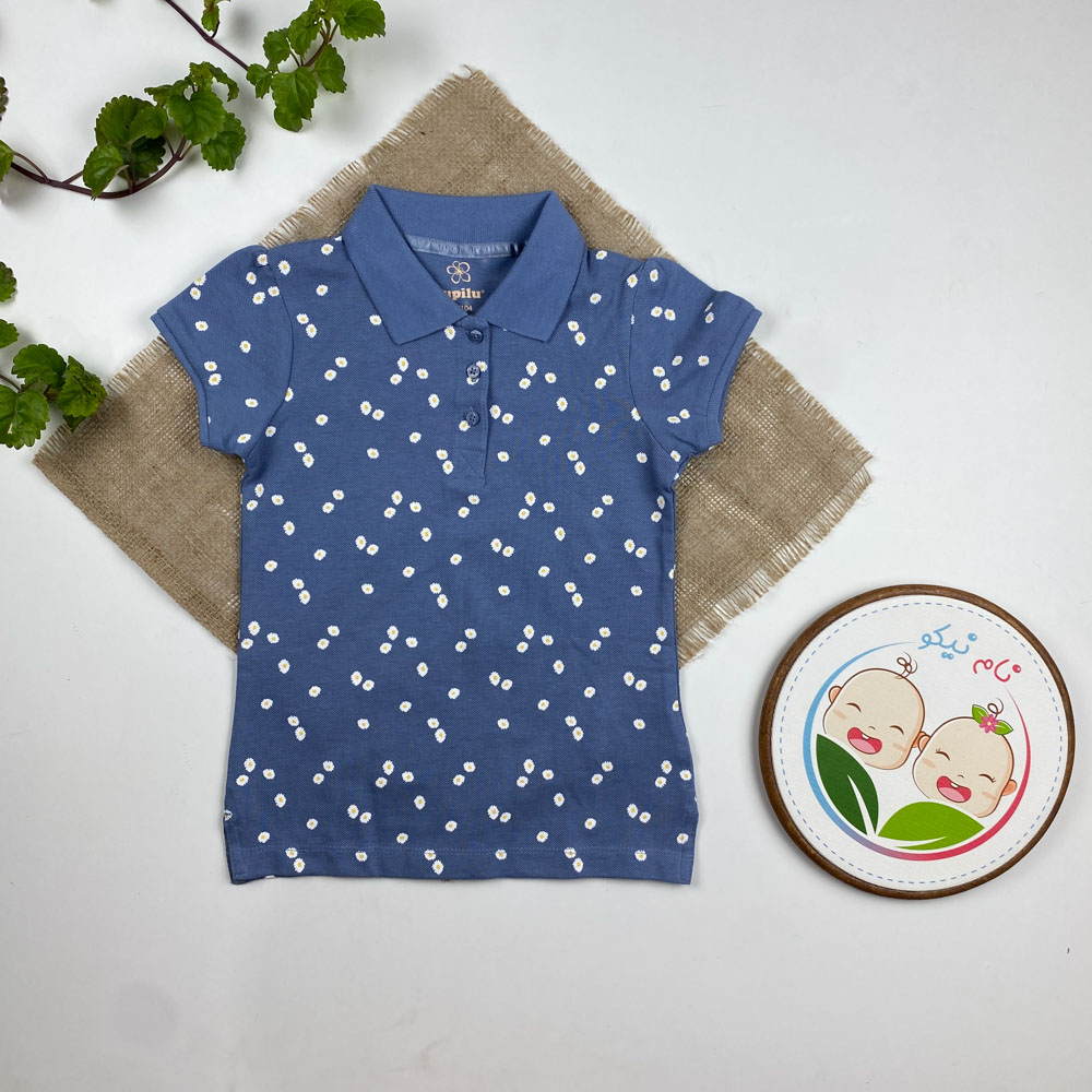 پولوشرت ( تیشرت یقه دار ) آستین کوتاه برند لوپیلو طرح گل گلی دو دکمه آبی رنگ